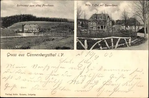 Ak Tannenbergsthal im Vogtland, Restaurant zum alten Forsthaus, Villa Keffel, Herrenhaus