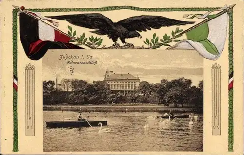 Passepartout Ak Zwickau in Sachsen, Schwanenschloss, Ruderboote, Adler, Fahnen