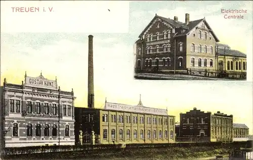 Ak Treuen im Vogtland, Elektrische Zentrale, Lagerhalle Gustav Kunz