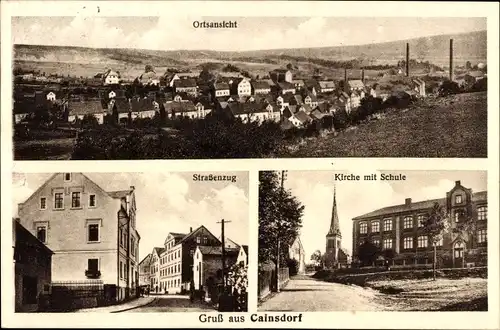 Ak Cainsdorf Zwickau in Sachsen, Panorama, Straßenzug, Kirche, Schule