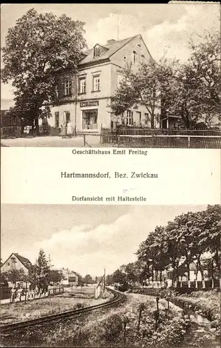 Ak Hartmannsdorf Zwickau in Sachsen, Geschäftshaus Emil Freitag, Teilansicht, Haltestelle