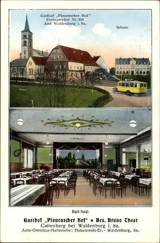 Ak Callenberg in Sachsen, Gasthof Plauenscher Hof, Schule, Kirche, Bus, Ballsaal