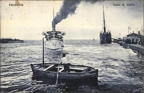 Ak Triest Friuli Venezia Giulia, Molo S. Carlo, Ruderboot, Dampfer SMS Trieste, Reederei Dalmatia