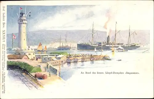 Künstler Ak Pola Pula Kroatien, Dampfer Imperator, Österreichischer Lloyd, Leuchtturm