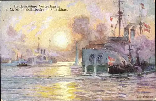 Künstler Ak Kircher, Alex, Österreichisches Kriegsschiff, SMS Kaiserin Elisabeth in Kiatschou