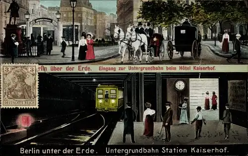 Ak Berlin, Untergrundbahn Station Hotel Kaiserhof, U Bahn, Kutschen