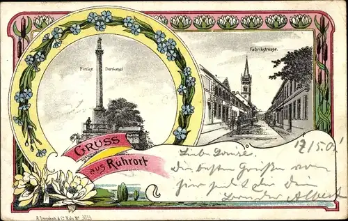 Passepartout Litho Ruhrort Duisburg im Ruhrgebiet, Finke-Denkmal, Fabrikstraße