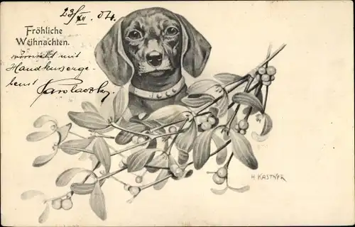 Künstler Ak Kastner, H., Frohe Weihnachten, Dackel, Mistelzweig