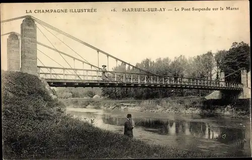 Ak Mareuil sur Ay Marne, Le Pont Suspendu sur la Marne