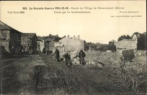 Ak Minaucourt Marne, Entree du Village, La Grande Guerre