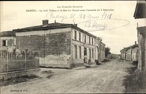 Ak Marson Marne, Le Cafe Vallery et la Rue du Centre