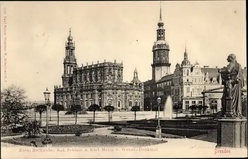 Ak Dresden Altstadt, Kath. Hofkirche, Kgl. Schloss, Karl Maria von Weber-Denkmal