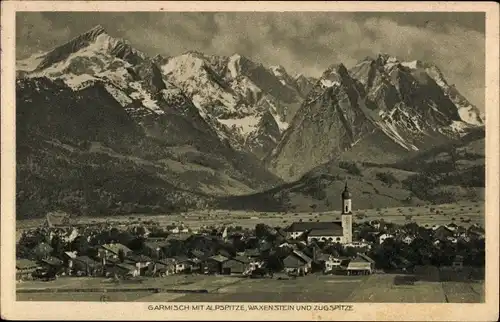 Ak Garmisch Partenkirchen in Oberbayern, Ortsansicht, Kirchturm, Alpspitze, Waxenstein, Zugspitze