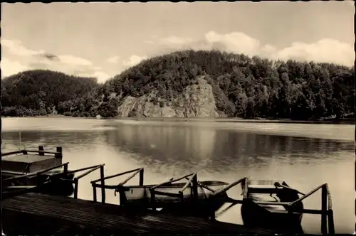 Ak Kriebstein in Sachsen, Talsperre, Wappenfelsen, Boote