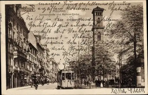 Ak München, Sonnenstraße, Mathias-Kirche, Turmuhr, Straßenbahn