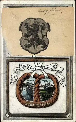 Ak Burg an der Wupper Solingen, Schloss Burg, Talsperre, Wappen, Burger Bretzel