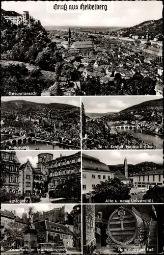 Ak Heidelberg am Neckar, Ortsansicht, Schloss, Neckarbrücke, Marienbrunnen, Heidelberger Faß