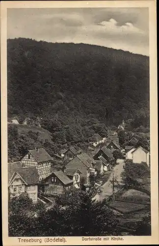 Ak Treseburg Thale im Harz, Dorfstraße mit Kirche