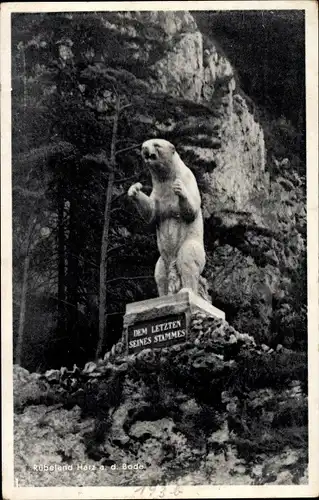 Ak Rübeland Oberharz am Brocken, Bärenstatue, Dem Letzten seines Stammes, Höhlenbär