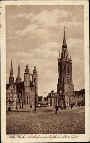 Ak Halle an der Saale, Marktplatz mit Marktkirche, Roter Turm, Straßenbahn