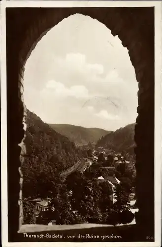 Ak Tharandt Badetal im Erzgebirge, Blick auf den Ort von der Burgruine aus