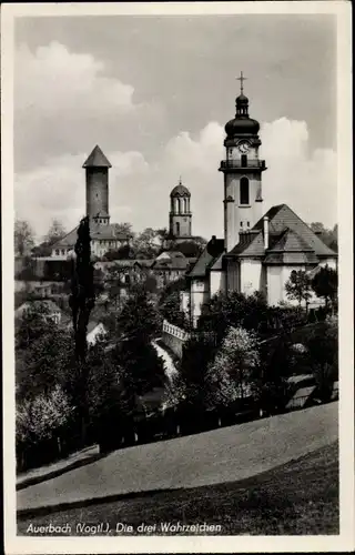 Ak Auerbach im Vogtland Sachsen, die drei Wahrzeichen, Kirchturm, Schlossturm