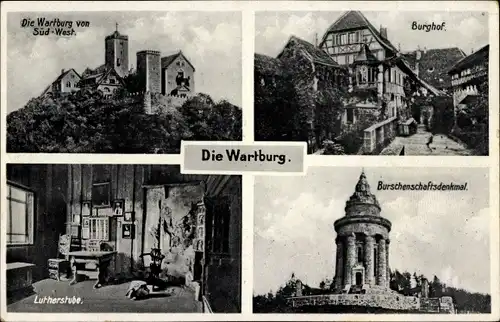 Ak Lutherstadt Eisenach in Thüringen, Wartburg, Burghof, Lutherstube, Burschenschaftsdenkmal