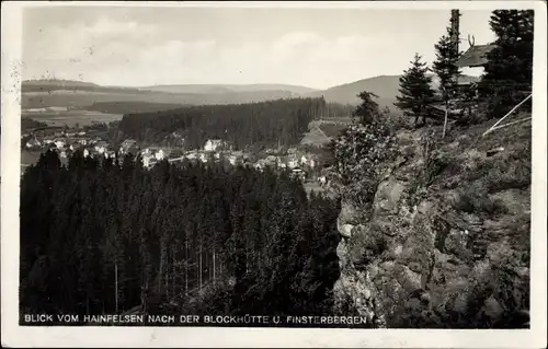 Ak Finsterbergen Friedrichroda im Thüringer Wald, Blick vom Hainfelsen, Blockhütte