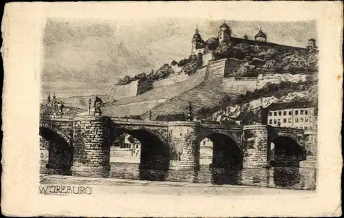 Künstler Ak Würzburg am Main Unterfranken, Brücke, Burg