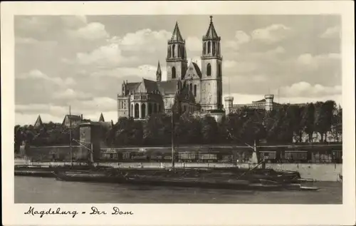 Ak Magdeburg an der Elbe, Dom, Frachtschiffe