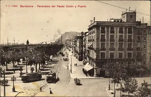 Ak Barcelona Katalonien Spanien, Paseo Colon, Hafen, Straßenbahnen