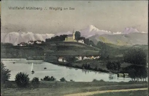 Ak Waging am See Oberbayern, Wallfahrt Mühlberg, Panorama