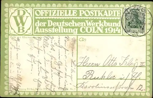 Künstler Ak Bergen, Claus, Köln, Deutsche Werkbund Ausstellung 1914, Cafe, Rheinpromenade