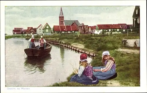Ak Marken Nordholland Niederlande, Mädchen in Tracht, Kanalpartie, Kirche