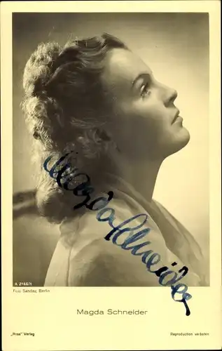 Ak Schauspielerin Magda Schneider, Portrait im Profil, Ross Verlag A 2166 1, Autogramm