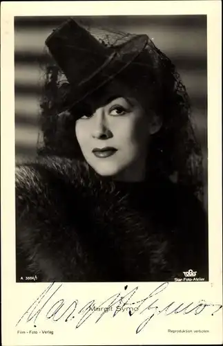 Ak Schauspielerin Margit Symo, Portrait mit Hut und Schleier, Autogramm