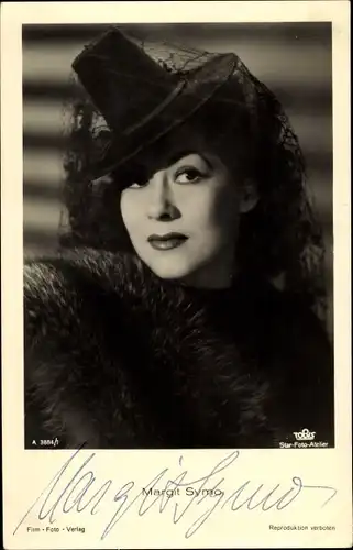 Ak Schauspielerin Margit Symo, Portrait mit Hut und Schleier, Autogramm