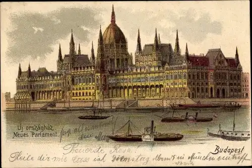 Litho Budapest Ungarn, Neues Parlament, Boote