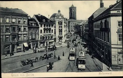 Ak Berlin Mitte, Molkenmarkt, Spandauer Straße, Straßenbahnen, Rathaus, Geschäfte
