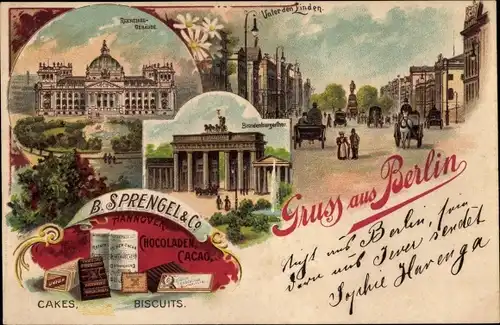 Litho Reichstagsgebäude, Unter den Linden, B. Sprengel & Co Hannover Chocolade Cacao