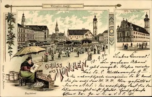 Litho München, Viktvalien-Markt, Heiliger Geist-Kirche, Frau Wurzl