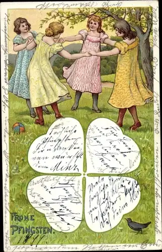 Künstler Litho Koch, O. A., Glückwunsch Pfingsten, Kleeblatt, Ringelreihe, spielende Kinder