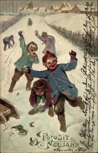 Präge Litho Glückwunsch Neujahr, Kinder machen eine Schneeballschlacht