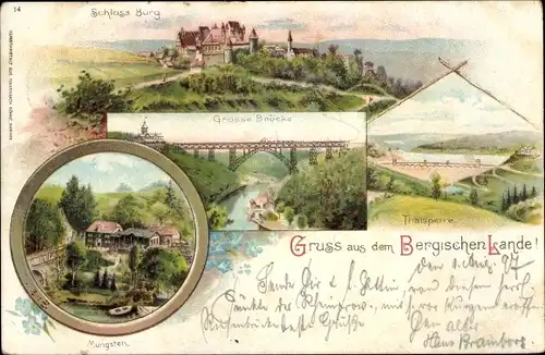 Litho Burg an der Wupper Solingen, Schloss, Talsperre, Müngsten, Brücke