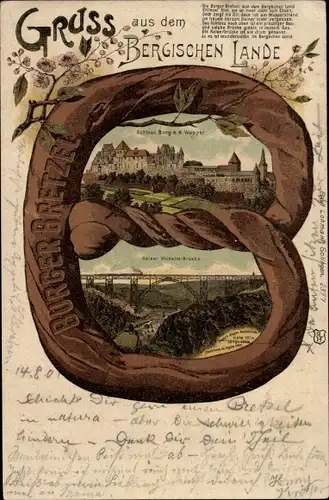 Brezel Litho Burg an der Wupper Solingen, Schloss, Kaiser Wilhelm Brücke