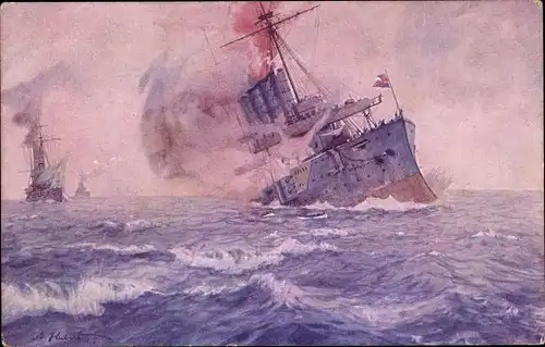 Künstler Ak Hubert, A., Vernichtung engl. Kreuzer Aboukir, Cressy und Hogue durch SM U 9