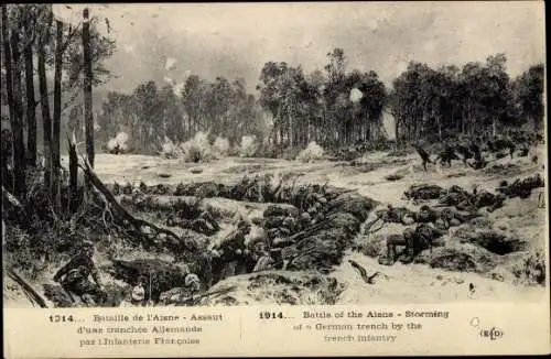 Ak Schlacht an der Aisne, Angriff eines deutschen Schützengrabens durch die französische Infanterie