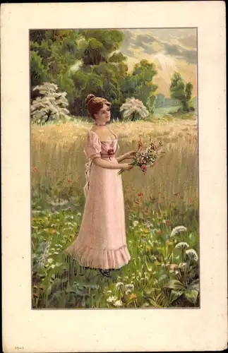 Litho Junge Frau auf Blumenwiese, Blumenstrauß