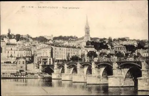 Ak Saint Cloud Hauts de Seine, Vue generale, Brücke, Kirchturm