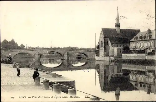 Ak Sens Yonne, Pont de l'Yonne et Eglise Saint-Maurice